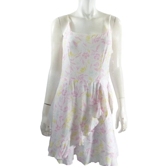 Row A Floral Wrap Dress Size Size L White Ruffle Spaghetti Strap - Picture 1 of 12